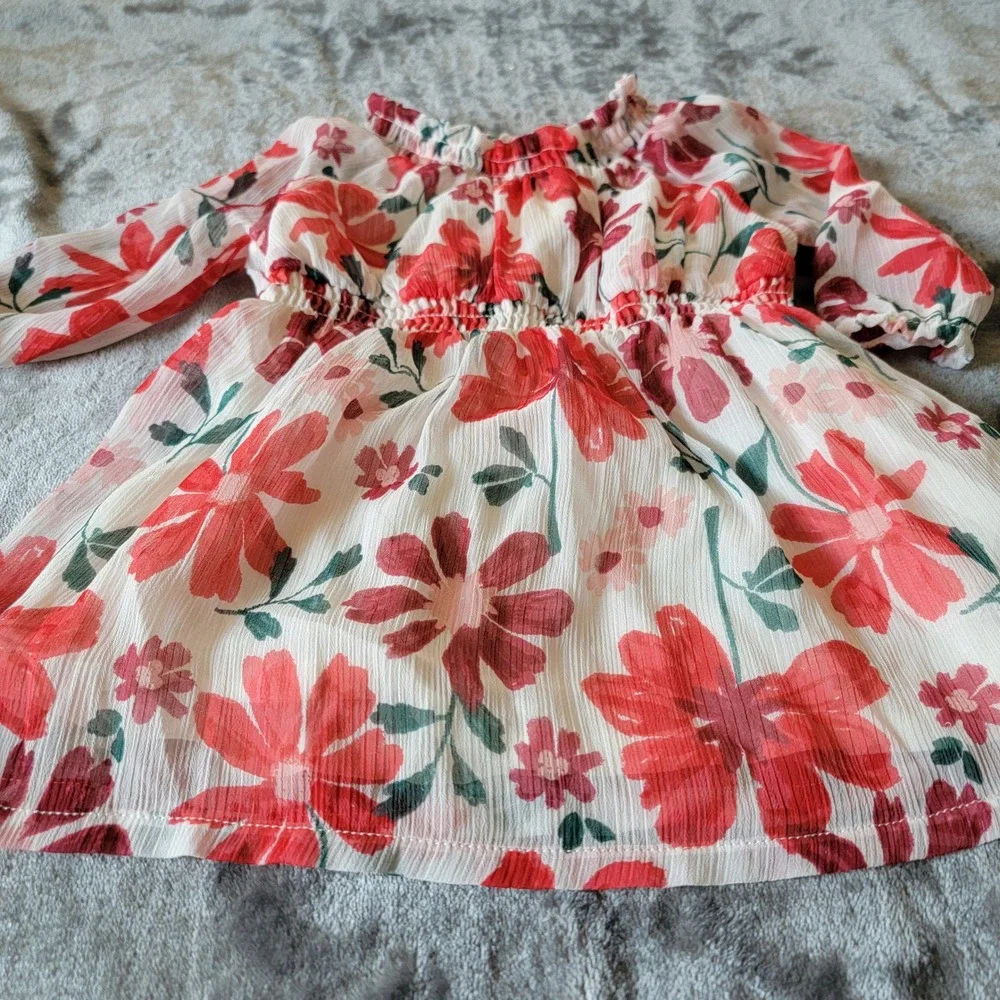 Carter's Floral Dress Baby Girls 3M White Red Excellent Long Sleeve Chiffon 724